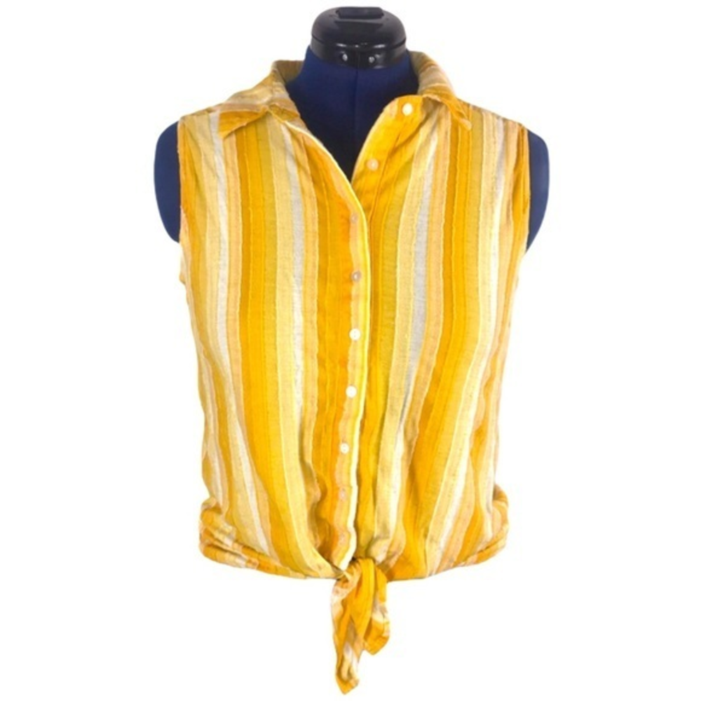 Rain M yellow/white stripe collared sleeveless button up tied hem‎ top